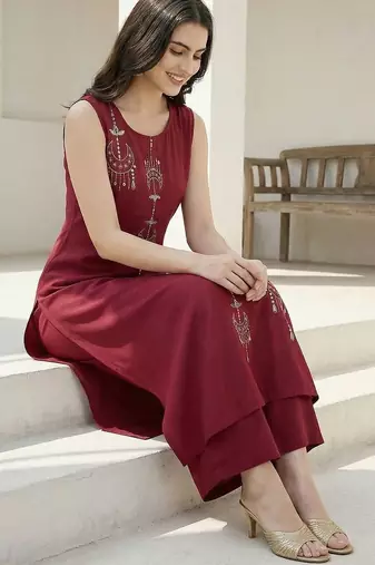 Women Ethnic Motifs Embroidered Regular Thread Work Pure Cotton Kurta with Palazzos