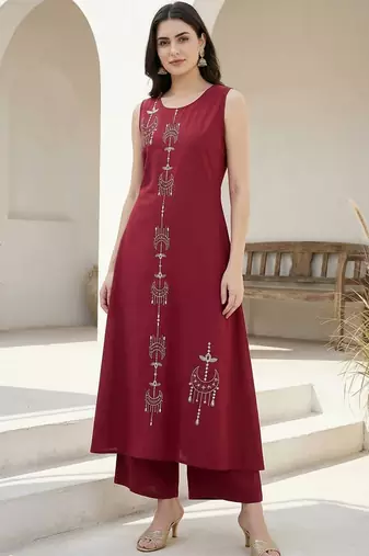 Women Ethnic Motifs Embroidered Regular Thread Work Pure Cotton Kurta with Palazzos