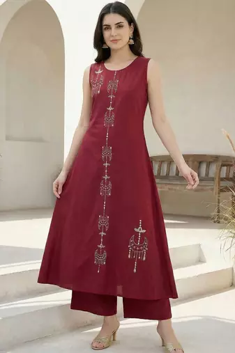 Women Ethnic Motifs Embroidered Regular Thread Work Pure Cotton Kurta with Palazzos