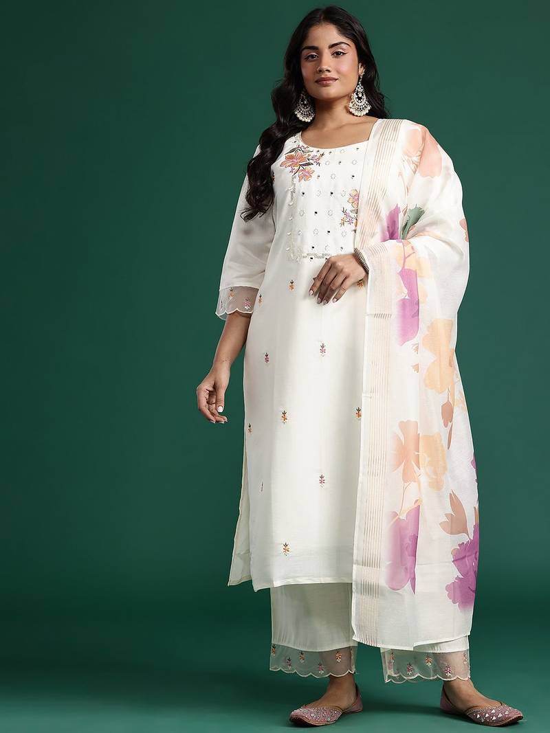 Plus Size Mirror Work Kurta with Palazzos & Dupatta
