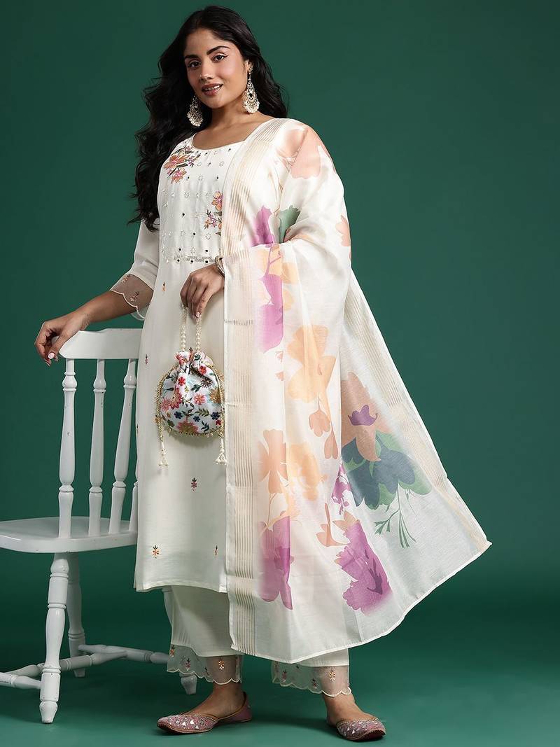 Plus Size Mirror Work Kurta with Palazzos & Dupatta