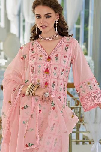 Floral Embroidered Thread Work  Cotton Kurta With Trousers & Dupatta
