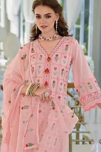 Floral Embroidered Thread Work Pure Cotton Kurta With Trousers & Dupatta