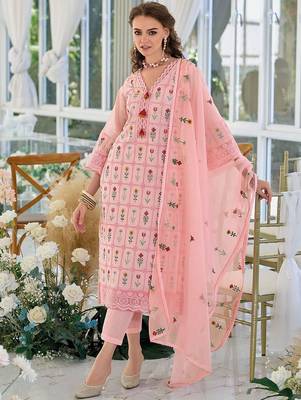 Floral Embroidered Thread Work Pure Cotton Kurta With Trousers & Dupatta 2