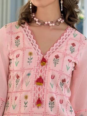 Floral Embroidered Thread Work Pure Cotton Kurta With Trousers & Dupatta 3
