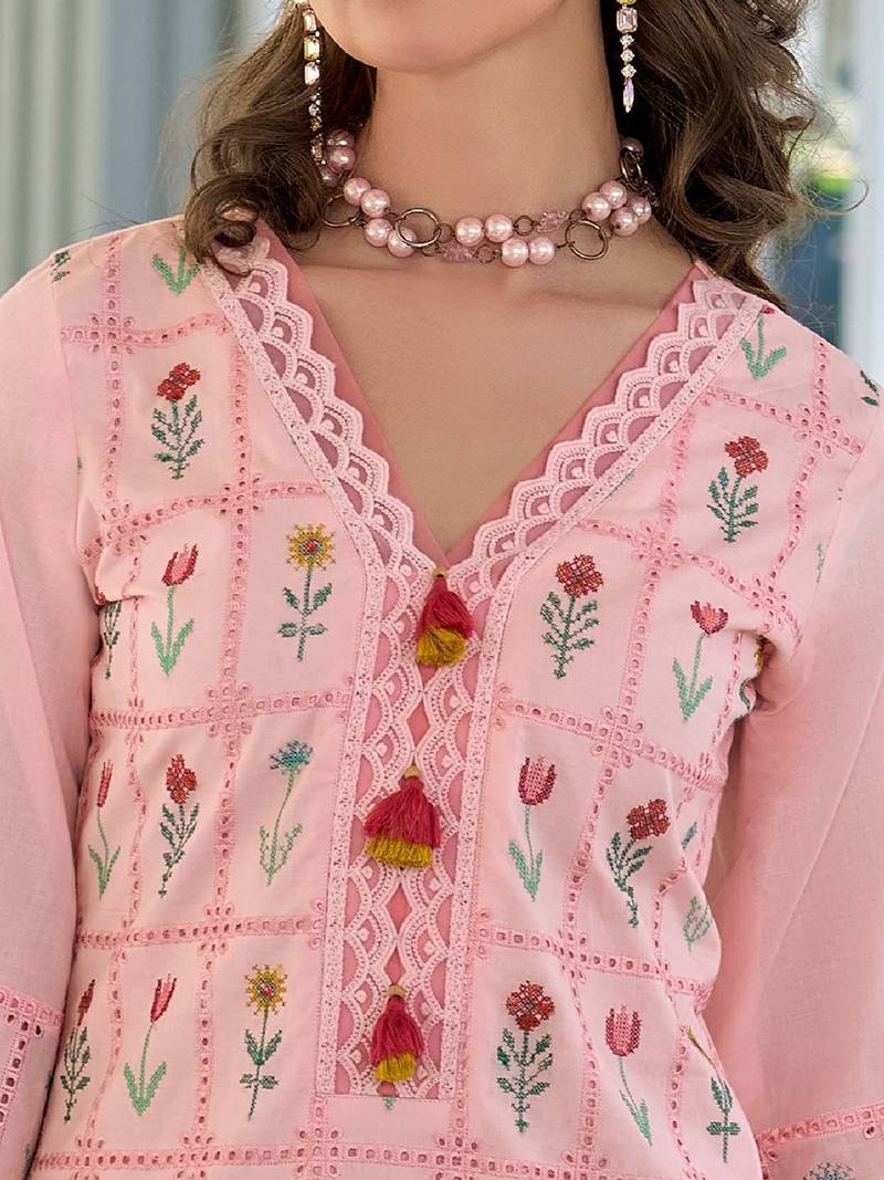 Floral Embroidered Thread Work Pure Cotton Kurta With Trousers & Dupatta