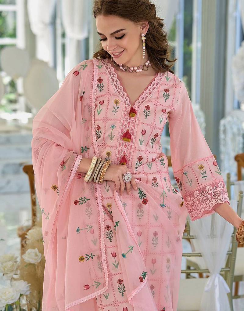Floral Embroidered Thread Work Pure Cotton Kurta With Trousers & Dupatta
