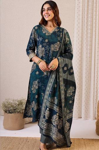 Floral Printed Straight Chanderi Silk Kurta With Trousers & Dupatta