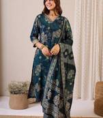 Floral Printed Straight Chanderi Silk Kurta With Trousers & Dupatta