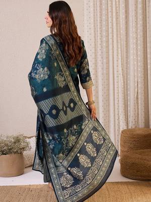 Floral Printed Straight Chanderi Silk Kurta With Trousers & Dupatta 5