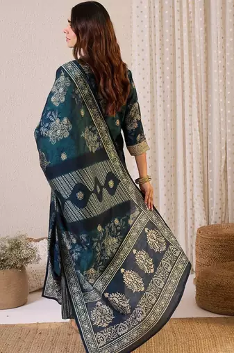 Floral Printed Straight Chanderi Silk Kurta With Trousers & Dupatta