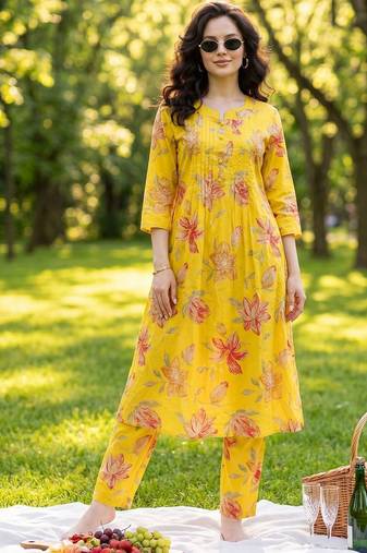 Women Floral Printed Regular  Cotton Kurta with Trousers