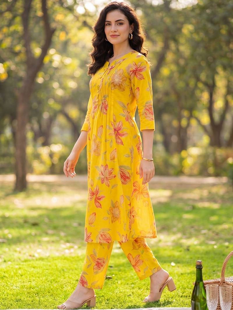 Women Floral Printed Regular Pure Cotton Kurta with Trousers