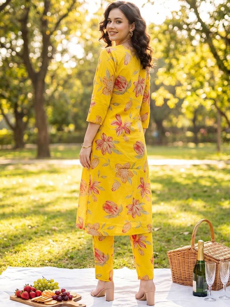 Women Floral Printed Regular Pure Cotton Kurta with Trousers