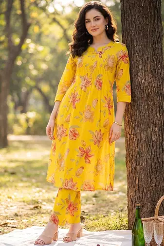 Women Floral Printed Regular Pure Cotton Kurta with Trousers