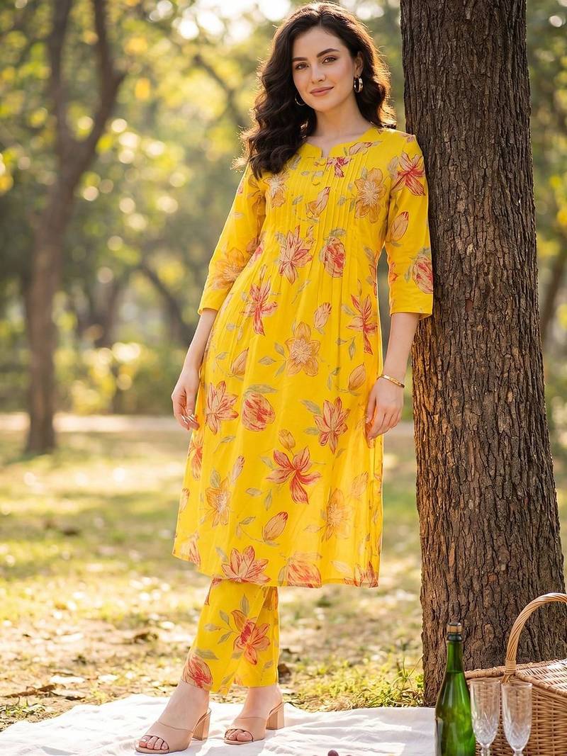 Women Floral Printed Regular Pure Cotton Kurta with Trousers