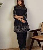 Women Floral Embroidered Thread Work Pure Cotton A-Line Kurti with Trousers