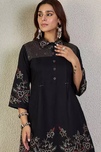 Women Floral Embroidered Thread Work Pure Cotton A-Line Kurti with Trousers