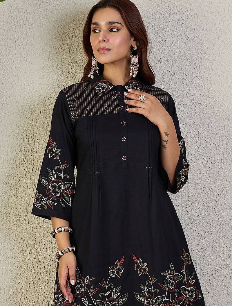 Women Floral Embroidered Thread Work Pure Cotton A-Line Kurti with Trousers