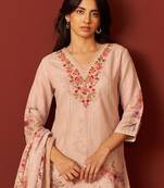 Women Floral Embroidered Linen Kurta with Trousers & Dupatta