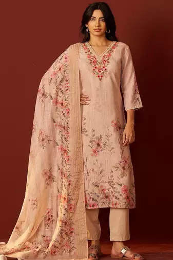Women Floral Embroidered Linen Kurta with Trousers & Dupatta