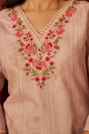 Women Floral Embroidered Linen Kurta with Trousers & Dupatta
