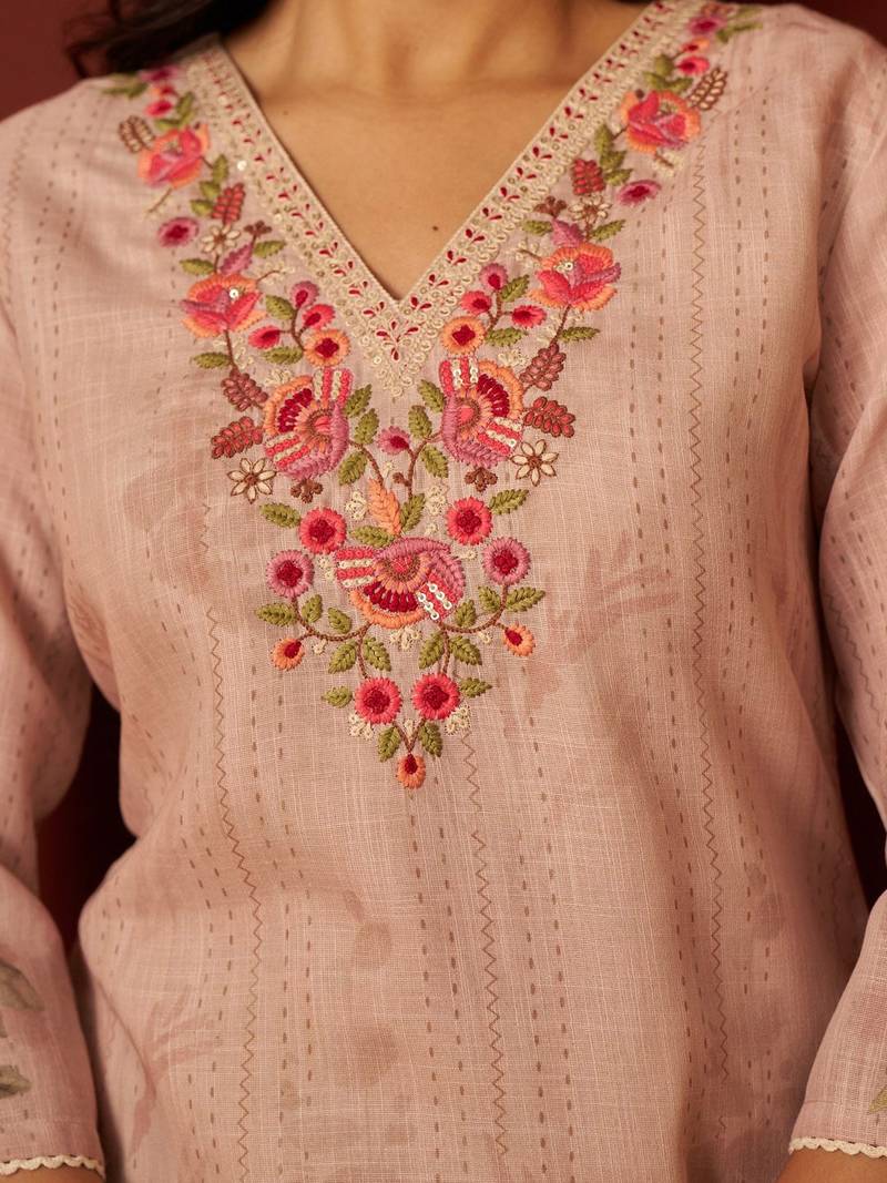 Women Floral Embroidered Linen Kurta with Trousers & Dupatta