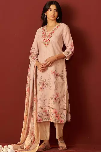 Women Floral Embroidered Linen Kurta with Trousers & Dupatta