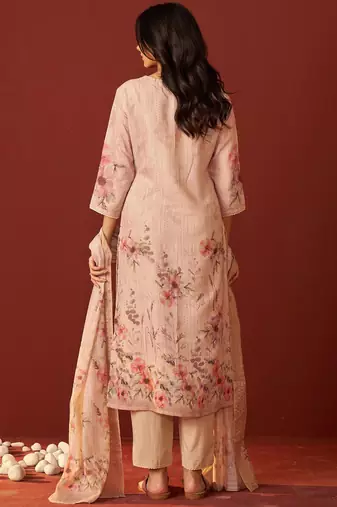 Women Floral Embroidered Linen Kurta with Trousers & Dupatta