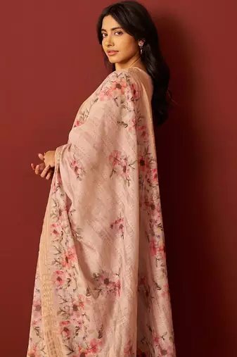 Women Floral Embroidered Linen Kurta with Trousers & Dupatta