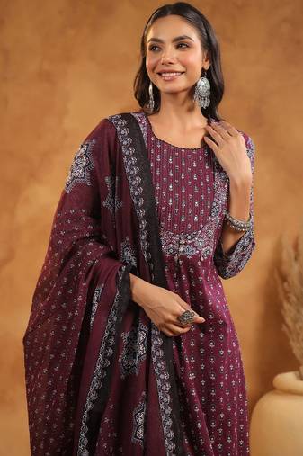 Floral Printed  Cotton Kurta With Trousers And Dupatta