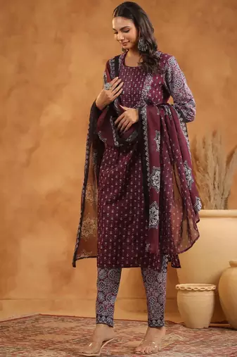 Floral Printed Pure Cotton Kurta With Trousers And Dupatta