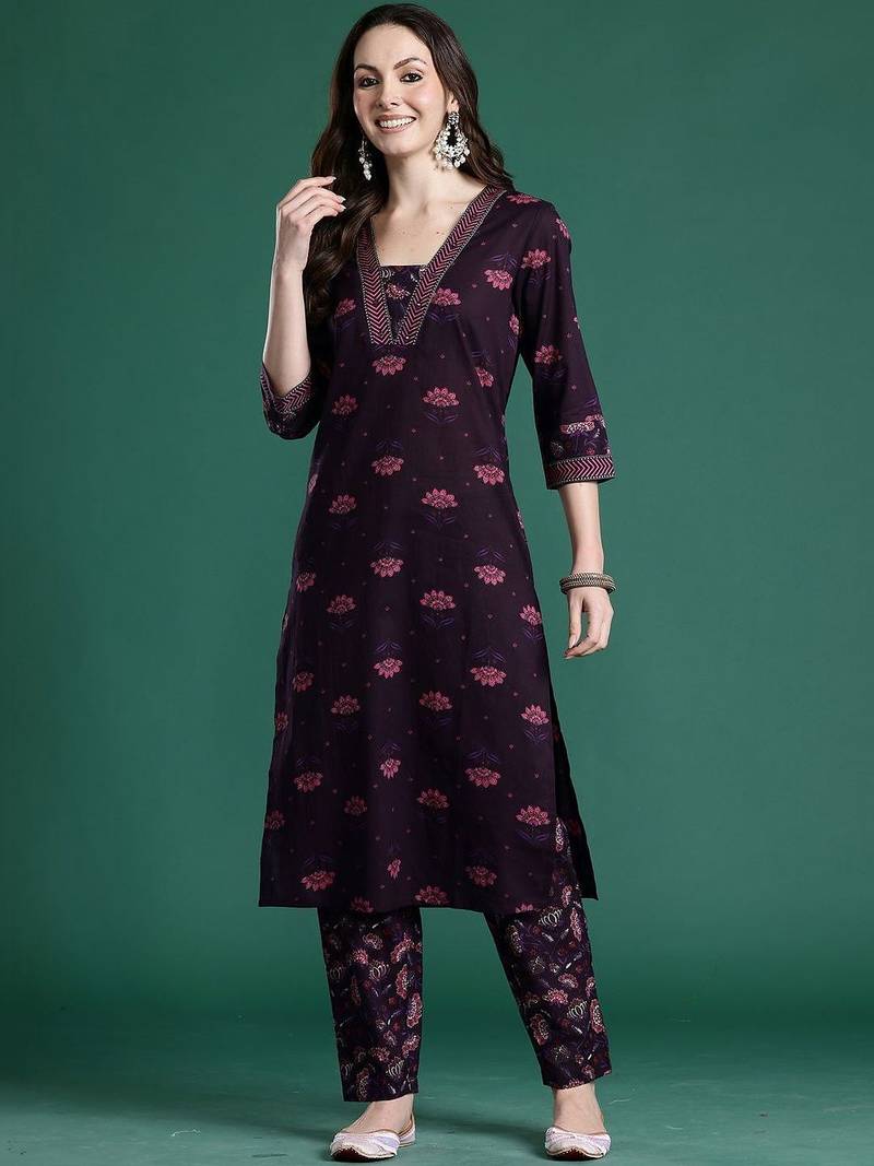 Women Floral Printed Regular Pure Cotton Kurta with Trousers