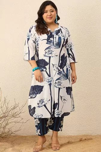 Plus Size Floral Printed Regular Kurta with Trousers