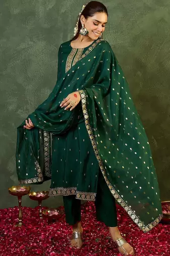 Women Ethnic Motifs Regular Kurta with Trousers & With Dupatta