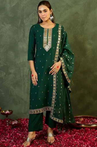 Women Ethnic Motifs Regular Kurta with Trousers & With Dupatta
