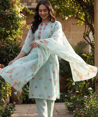 Women Floral Printed Regular Thread Work Linen Kurta with Trousers & With Dupatta 1