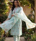 Women Floral Printed Regular Thread Work Linen Kurta with Trousers & With Dupatta