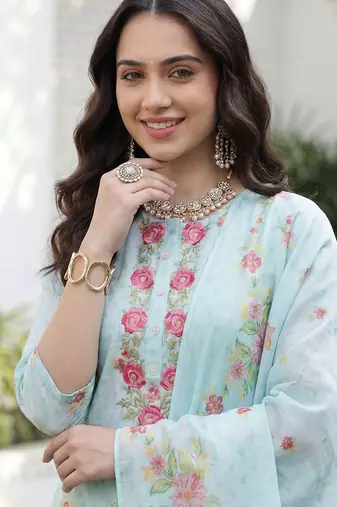 Women Floral Printed Regular Thread Work Linen Kurta with Trousers & With Dupatta