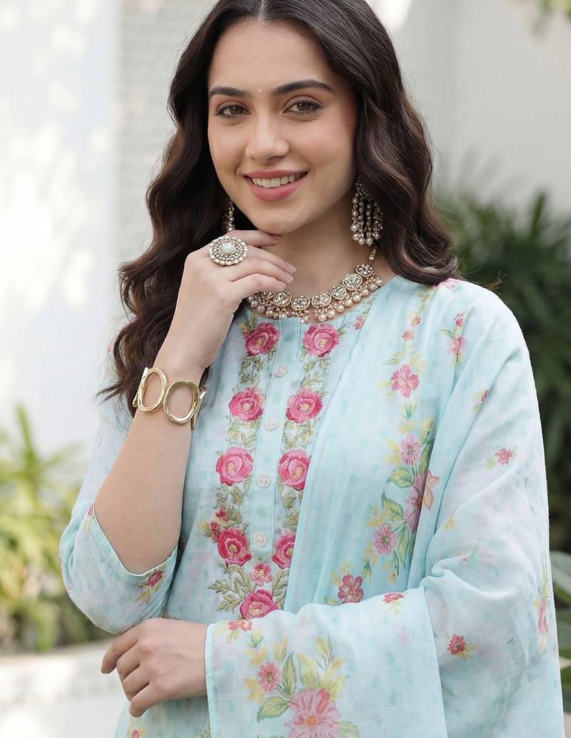 Women Floral Printed Regular Thread Work Linen Kurta with Trousers & With Dupatta