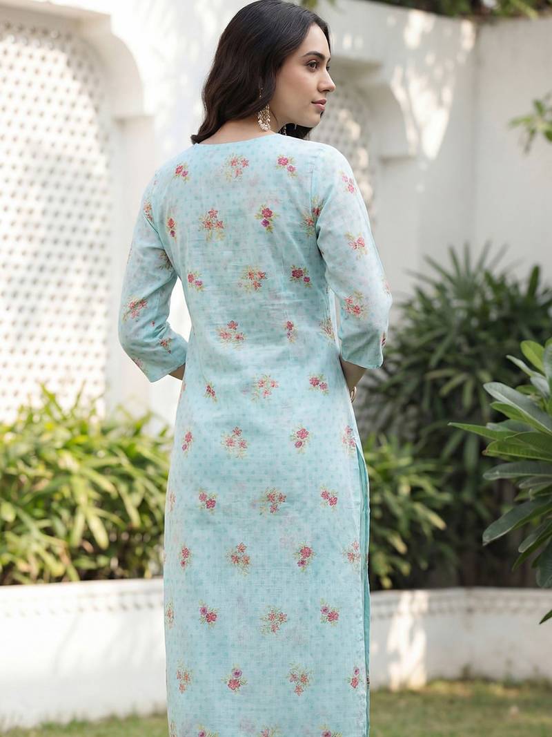Women Floral Printed Regular Thread Work Linen Kurta with Trousers & With Dupatta