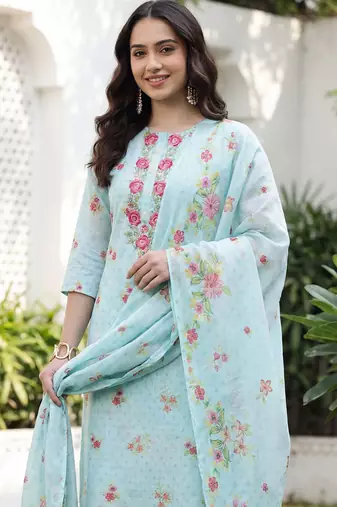 Women Floral Printed Regular Thread Work Linen Kurta with Trousers & With Dupatta