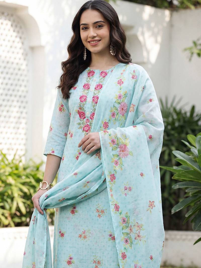 Women Floral Printed Regular Thread Work Linen Kurta with Trousers & With Dupatta