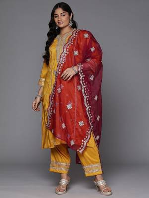 Women Plus Size Ethnic Motifs Embroidered Kurta with Trousers & With Dupatta 5