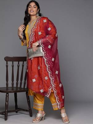 Women Plus Size Ethnic Motifs Embroidered Kurta with Trousers & With Dupatta 8