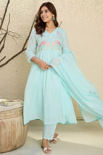 Women Floral Embroidered Regular Thread Work Pure Cotton Kurta with Trousers & With Dupatta