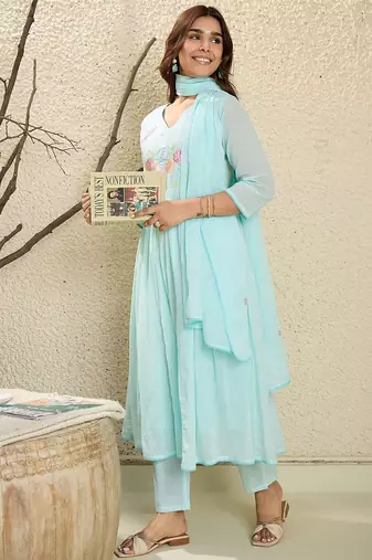 Women Floral Embroidered Regular Thread Work Pure Cotton Kurta with Trousers & With Dupatta