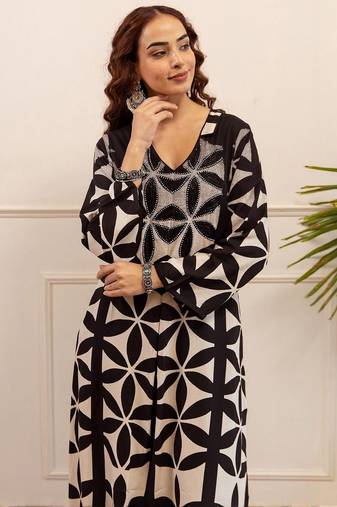 Printed A Line Beads and Stones Kurta With Palazzos