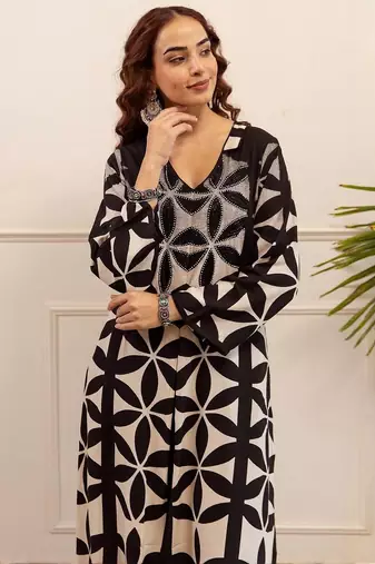 Printed A Line Beads and Stones Kurta With Palazzos