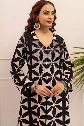 Printed A Line Beads and Stones Kurta With Palazzos